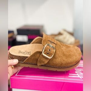 Corkys Footwear Day Dream slip on clog with adjustable buckle tobacco faux suede